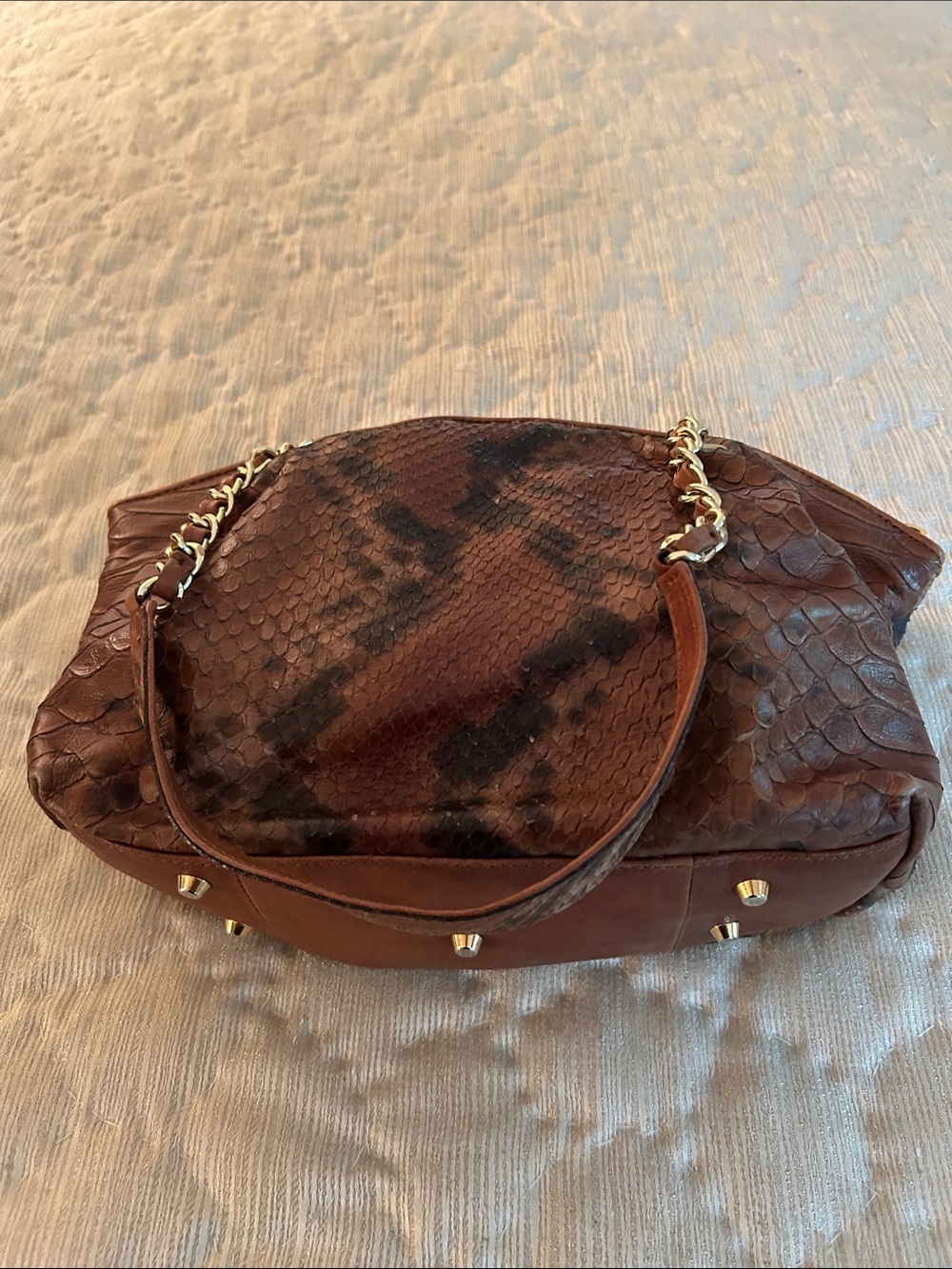 Snake-Texture Brown Shoulder Bag with Gold Chain Strap